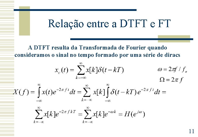 Relação entre a DTFT e FT A DTFT resulta da Transformada de Fourier quando