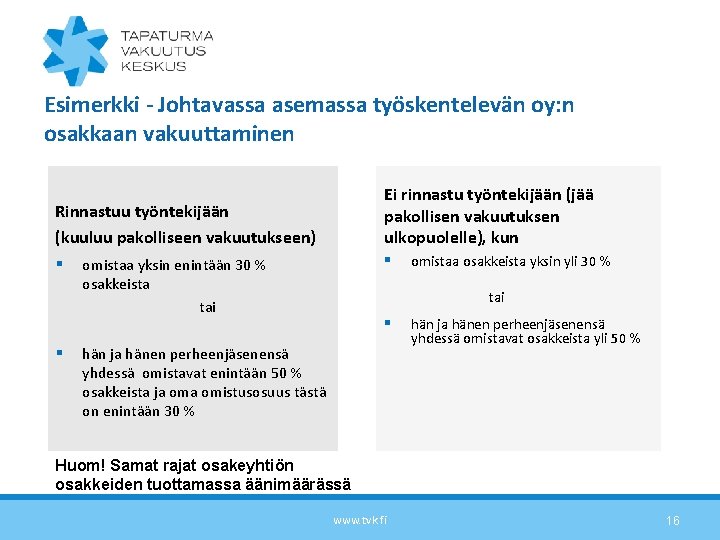 Esimerkki - Johtavassa asemassa työskentelevän oy: n osakkaan vakuuttaminen Ei rinnastu työntekijään (jää pakollisen