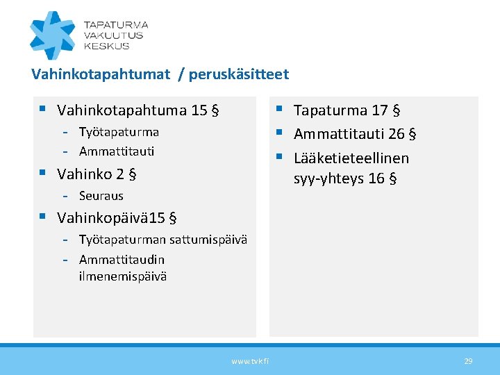 Vahinkotapahtumat / peruskäsitteet § Vahinkotapahtuma 15 § § Tapaturma 17 § § Ammattitauti 26