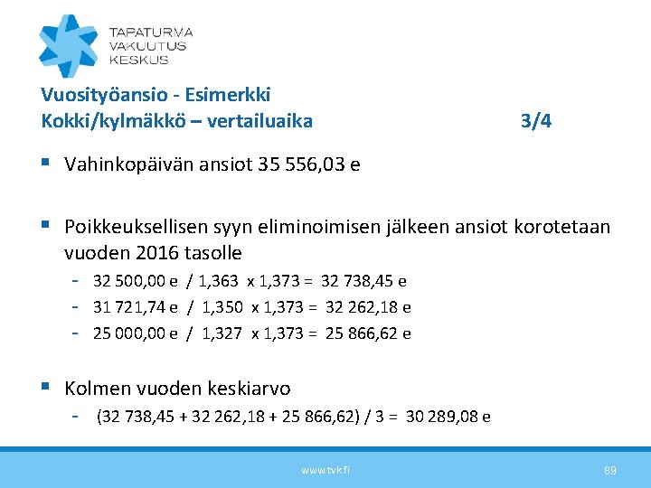 Vuosityöansio - Esimerkki Kokki/kylmäkkö – vertailuaika 3/4 § Vahinkopäivän ansiot 35 556, 03 e