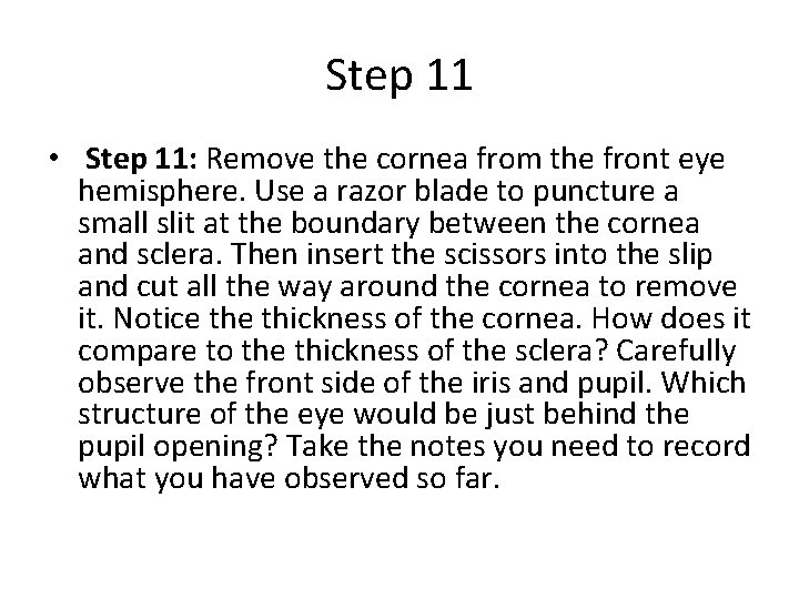 Step 11 • Step 11: Remove the cornea from the front eye hemisphere. Use