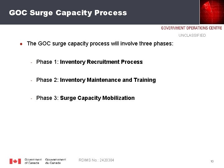 GOC Surge Capacity Process UNCLASSIFIED ● The GOC surge capacity process will involve three