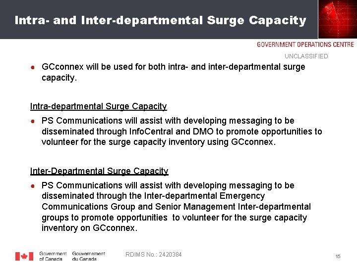 Intra- and Inter-departmental Surge Capacity UNCLASSIFIED ● GCconnex will be used for both intra