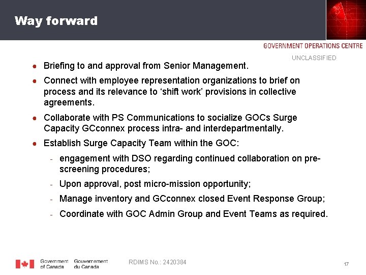 Way forward ● Briefing to and approval from Senior Management. UNCLASSIFIED ● Connect with