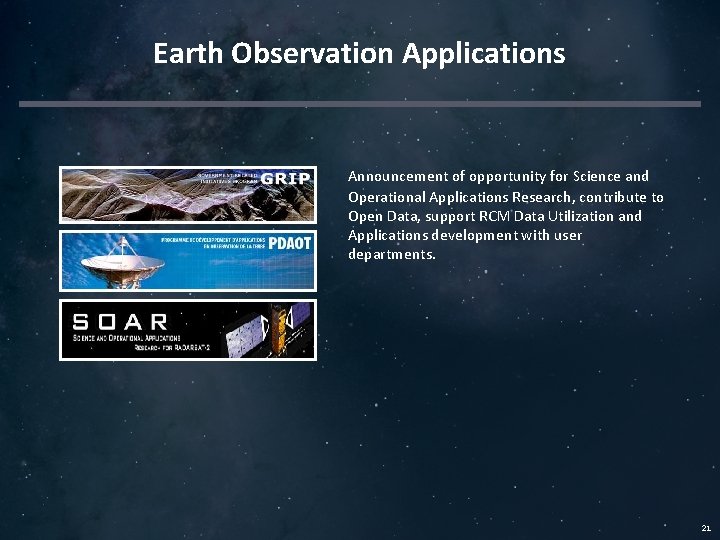 Earth Observation Applications Announcement of opportunity for Science and Operational Applications Research, contribute to