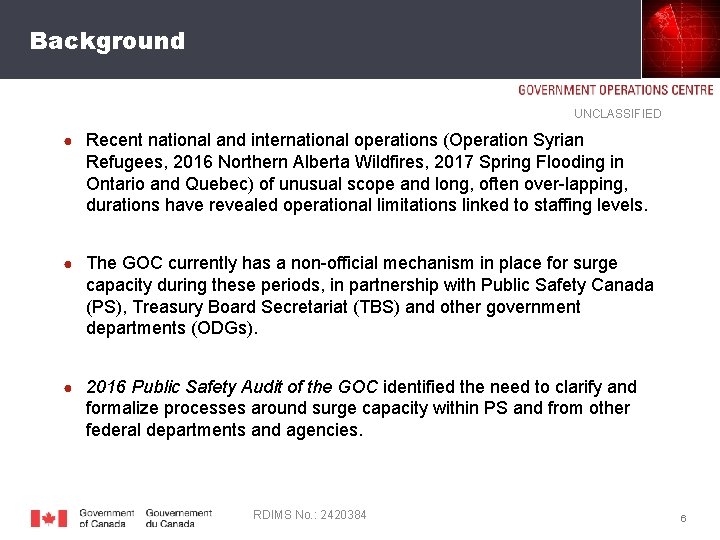Background UNCLASSIFIED ● Recent national and international operations (Operation Syrian Refugees, 2016 Northern Alberta