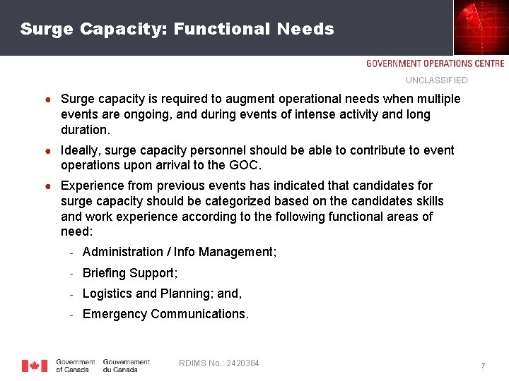 Surge Capacity: Functional Needs UNCLASSIFIED ● Surge capacity is required to augment operational needs