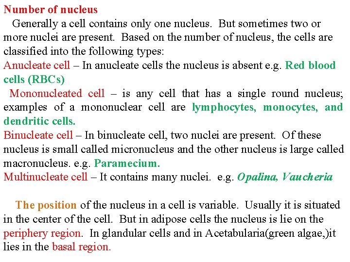 Number of nucleus Generally a cell contains only one nucleus. But sometimes two or