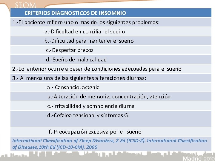 CRITERIOS DIAGNOSTICOS DE INSOMNIO 1. -El paciente refiere uno o más de los siguientes CRITERIOS DIAGNOSTICOS DE INSOMNIO 1. -El paciente refiere uno o más de los siguientes
