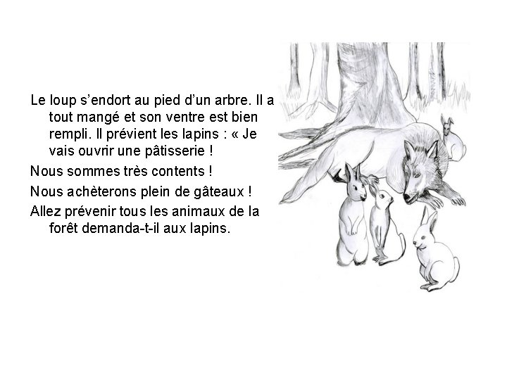 Le loup s’endort au pied d’un arbre. Il a tout mangé et son ventre