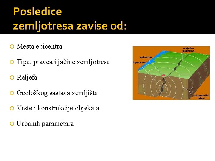 Posledice zemljotresa zavise od: Mesta epicentra Tipa, pravca i jačine zemljotresa Reljefa Geološkog sastava