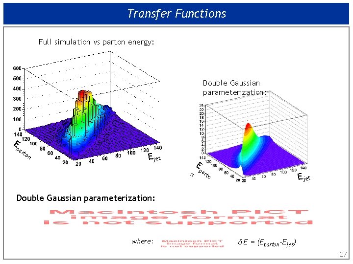 Transfer Functions Full simulation vs parton energy: Double Gaussian parameterization: E pa rto n