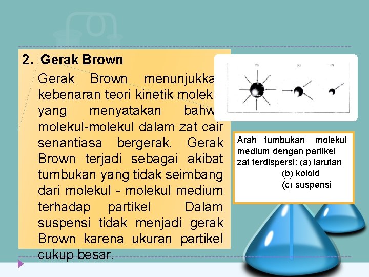 2. Gerak Brown menunjukkan kebenaran teori kinetik molekul yang menyatakan bahwa molekul-molekul dalam zat