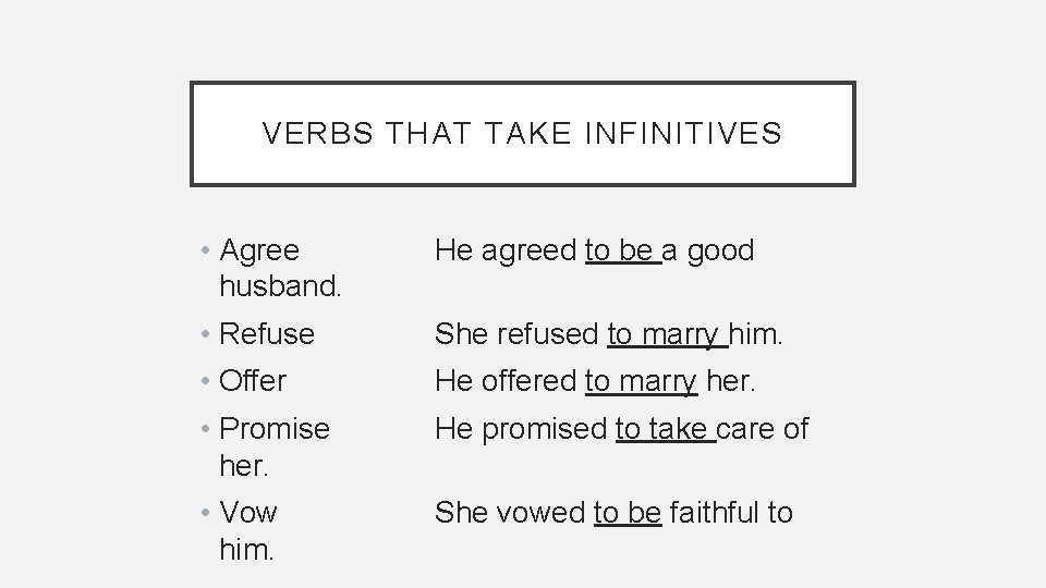 VERBS THAT TAKE INFINITIVES • Agree husband. He agreed to be a good • VERBS THAT TAKE INFINITIVES • Agree husband. He agreed to be a good •