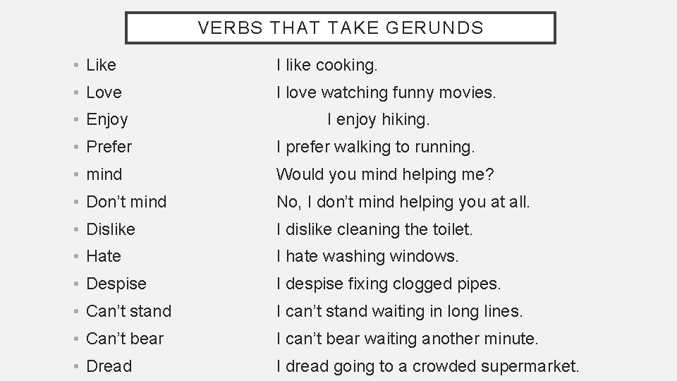 VERBS THAT TAKE GERUNDS • Like I like cooking. • Love I love watching VERBS THAT TAKE GERUNDS • Like I like cooking. • Love I love watching