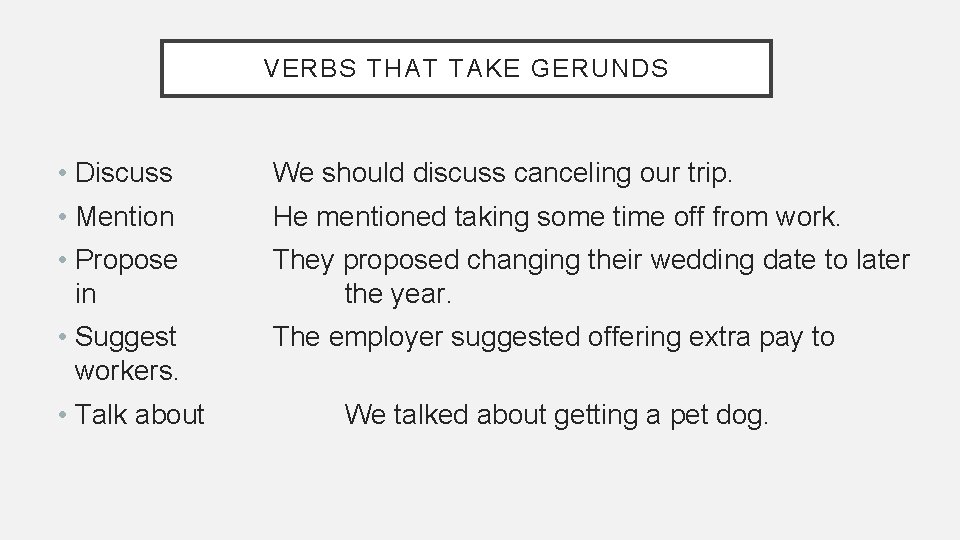 VERBS THAT TAKE GERUNDS • Discuss We should discuss canceling our trip. • Mention VERBS THAT TAKE GERUNDS • Discuss We should discuss canceling our trip. • Mention