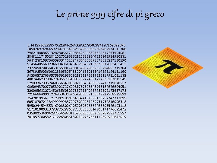 Le prime 999 cifre di pi greco 3. 141592653589793238462643383279502884197169399375 10582097494459230781640628620899862803482534211706 79821480865132823066470938446095505822317253594081 28481117450284102701938521105559644622948954930381 96442881097566593344612847564823378678316527120190 91456485669234603486104543266482133936072602491412