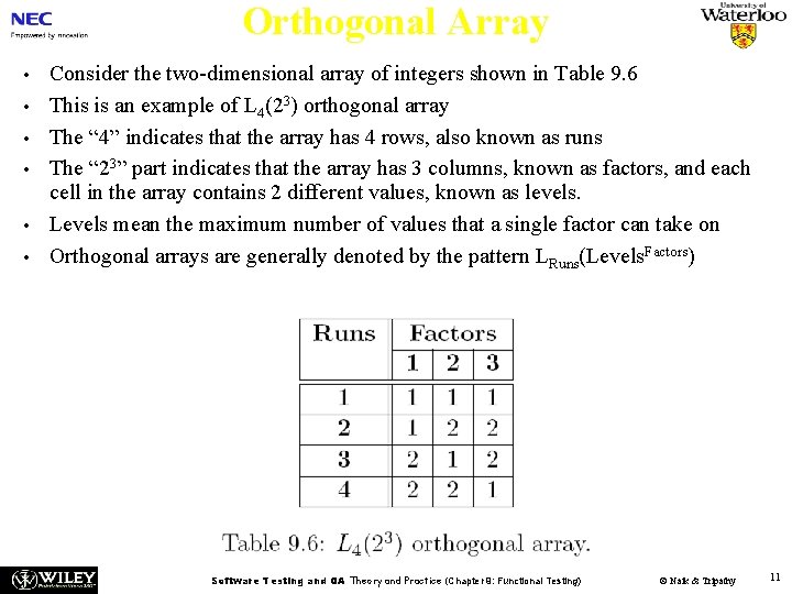 Orthogonal Array • • • Consider the two-dimensional array of integers shown in Table