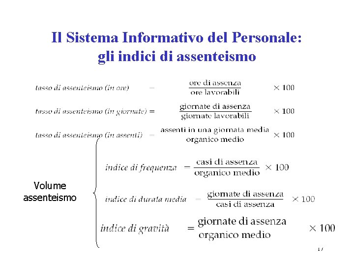 Il Sistema Informativo del Personale: gli indici di assenteismo Volume assenteismo 17 