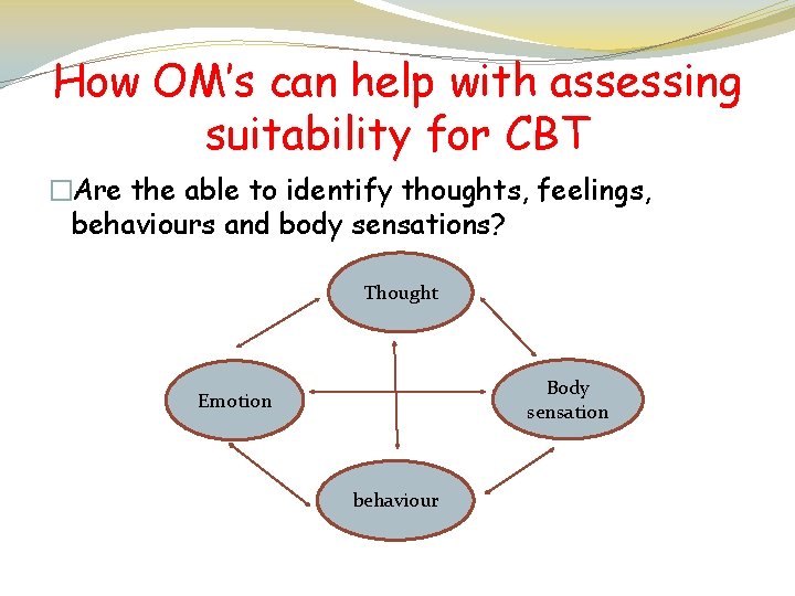 How OM’s can help with assessing suitability for CBT �Are the able to identify