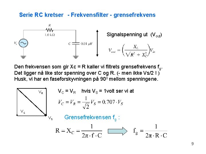 Serie RC kretser - Frekvensfilter - grensefrekvens Signalspenning ut (Vout) Den frekvensen som gir