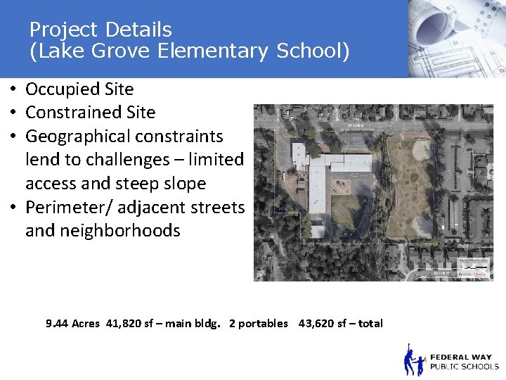 Project Details (Lake Grove Elementary School) • Occupied Site • Constrained Site • Geographical
