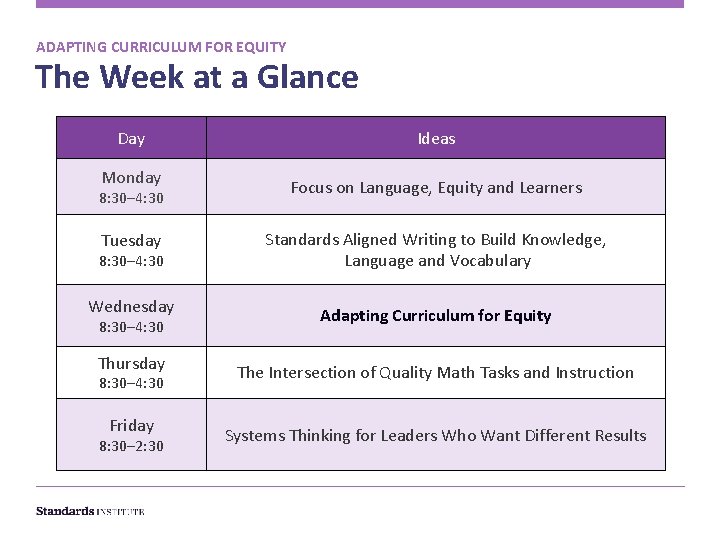 ADAPTING CURRICULUM FOR EQUITY The Week at a Glance Day Monday 8: 30– 4: