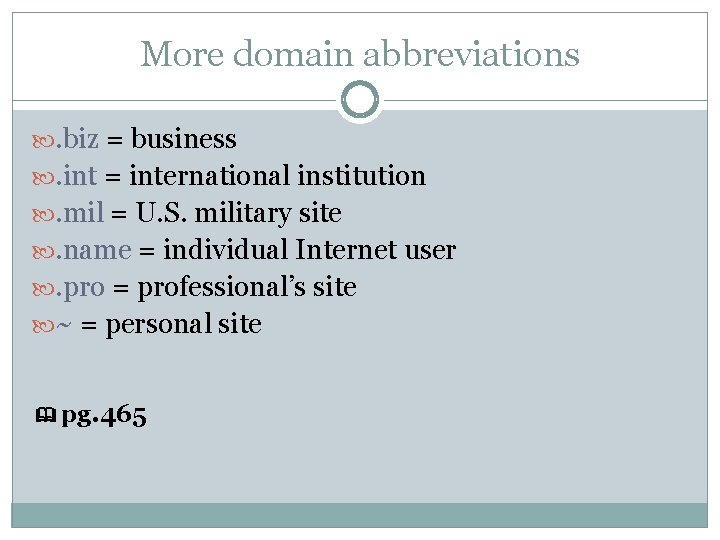 More domain abbreviations . biz = business . int = international institution . mil