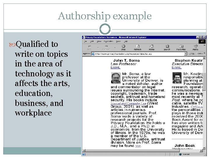 Authorship example Qualified to write on topics in the area of technology as it