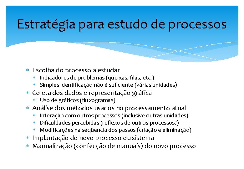 Estratégia para estudo de processos Escolha do processo a estudar Indicadores de problemas (queixas,