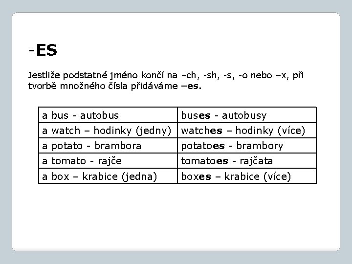 -ES Jestliže podstatné jméno končí na –ch, -s, -o nebo –x, při tvorbě množného