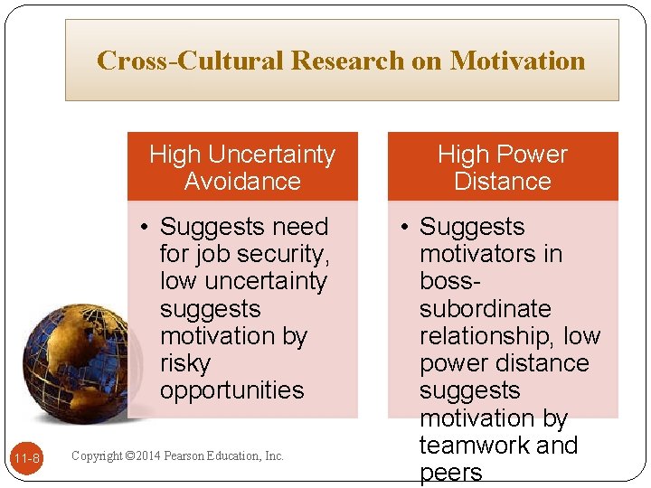 Cross-Cultural Research on Motivation 11 -8 High Uncertainty Avoidance High Power Distance • Suggests