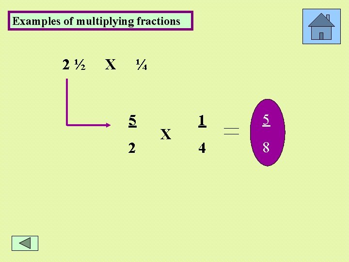 Examples of multiplying fractions 2½ X ¼ 5 2 X 1 5 4 8