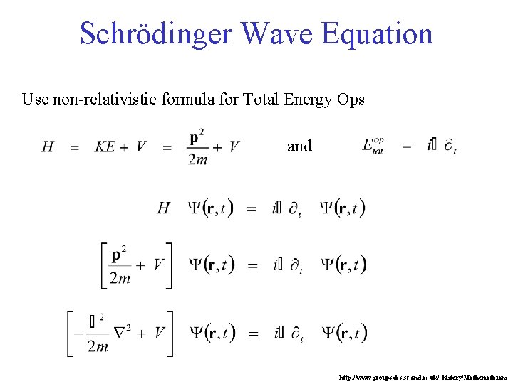 Schrödinger Wave Equation Use non-relativistic formula for Total Energy Ops and http: //www-groups. dcs.