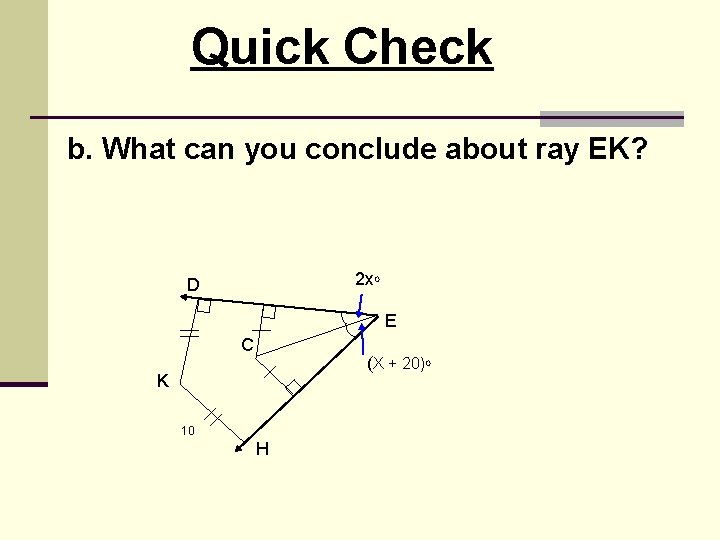 Quick Check b. What can you conclude about ray EK? 2 x. O D