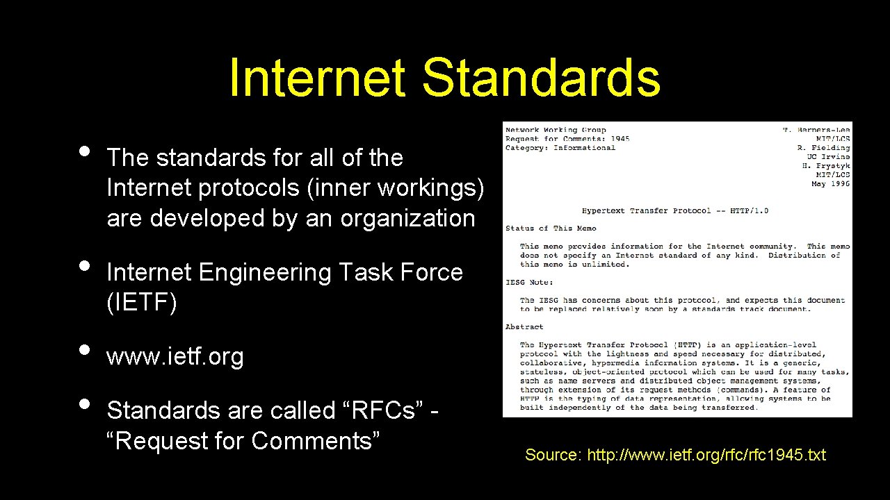 Internet Standards • • The standards for all of the Internet protocols (inner workings)