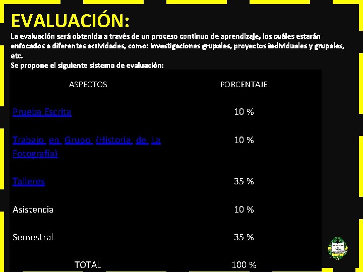 EVALUACIÓN: La evaluación será obtenida a través de un proceso continuo de aprendizaje, los