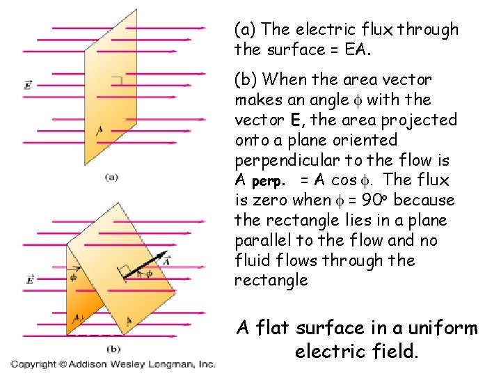 (a) The electric flux through the surface = EA. (b) When the area vector