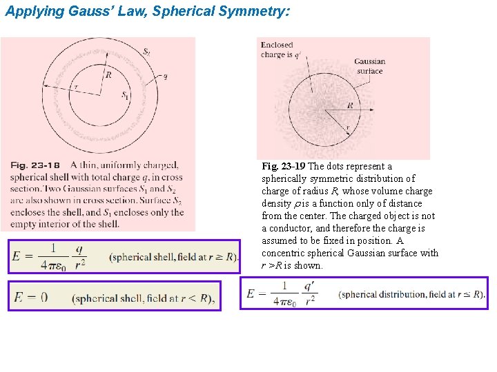 Applying Gauss’ Law, Spherical Symmetry: Fig. 23 -19 The dots represent a spherically symmetric