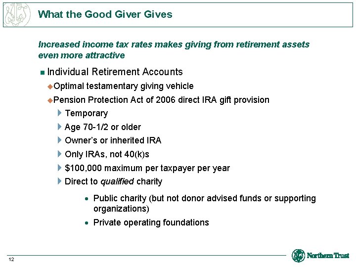What the Good Giver Gives Increased income tax rates makes giving from retirement assets