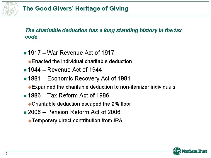 The Good Givers’ Heritage of Giving The charitable deduction has a long standing history