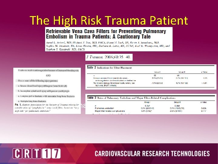 The High Risk Trauma Patient • < 25% of Patients had IVC filters retrieved