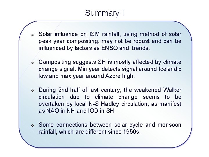 Summary I Solar influence on ISM rainfall, using method of solar peak year compositing,