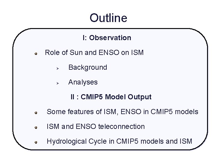 Outline I: Observation Role of Sun and ENSO on ISM Ø Background Ø Analyses