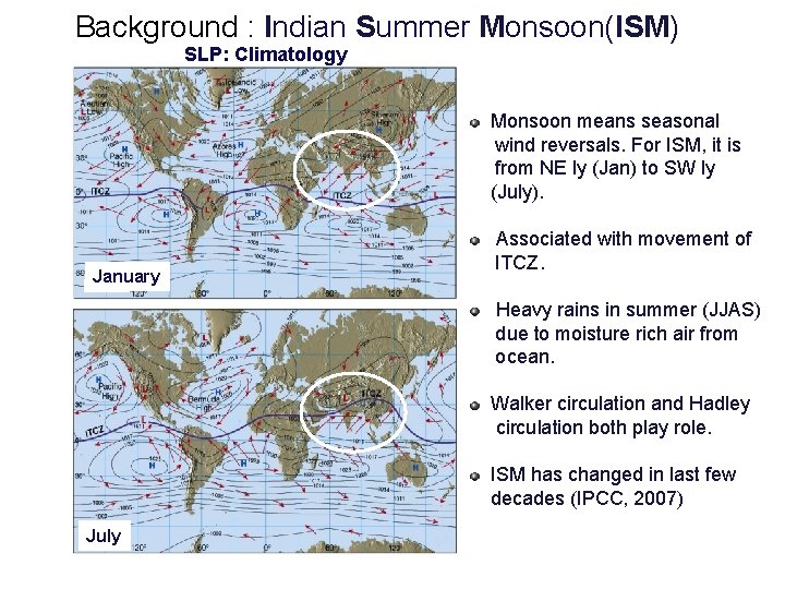 Background : Indian Summer Monsoon(ISM) SLP: Climatology Monsoon means seasonal wind reversals. For ISM,