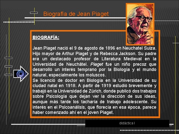 Biografía de Jean Piaget BIOGRAFÍA: Jean Piaget nació el 9 de agosto de 1896