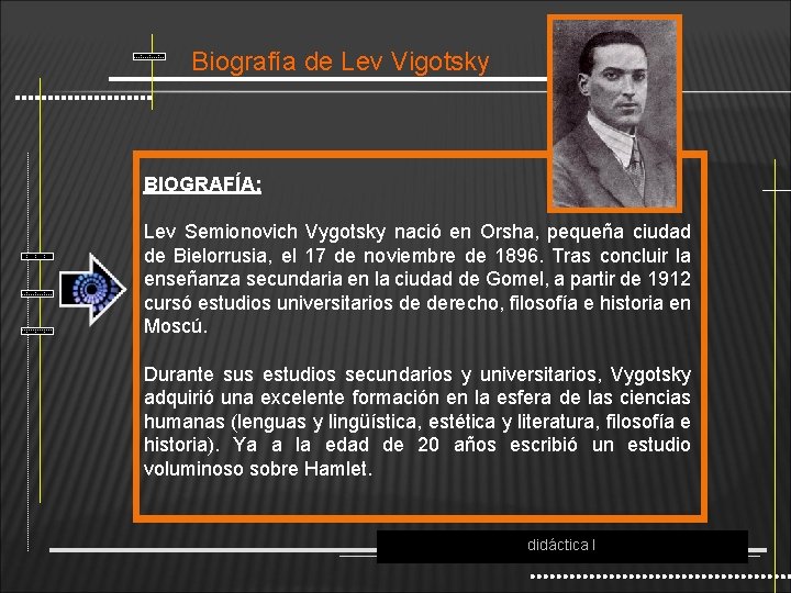Biografía de Lev Vigotsky BIOGRAFÍA: Lev Semionovich Vygotsky nació en Orsha, pequeña ciudad de