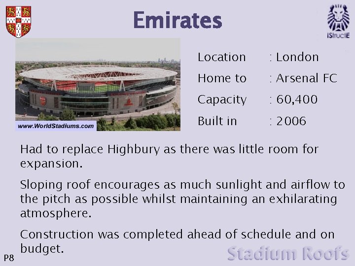 Emirates Location : London Home to : Arsenal FC Capacity : 60, 400 Built Emirates Location : London Home to : Arsenal FC Capacity : 60, 400 Built
