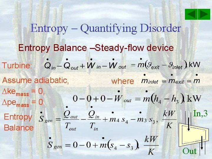 Entropy – Quantifying Disorder Entropy Balance –Steady-flow device Turbine: Assume adiabatic, kemass = 0,