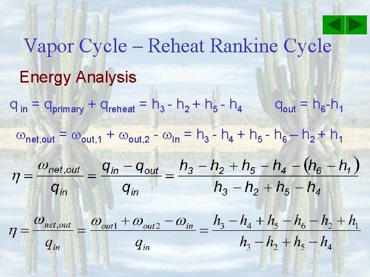 Vapor Cycle – Reheat Rankine Cycle Energy Analysis q in = qprimary + qreheat